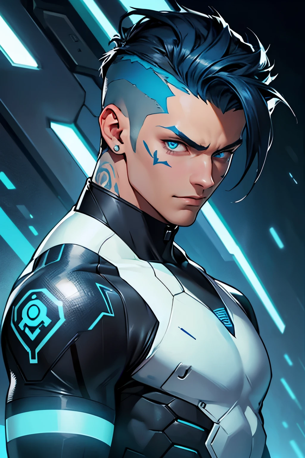 android, male, Hair: blue, side-swept quiff, undercut
Optical Sensors: blue robotic eyes that slightly glow
Complexion: slightly, glowing tattoos
Body: athletic, muscular, 6 foot and 1 inch tall, Outfit: "Sleek" + "Futuristic" + "Edgy" + "Intricate" + "Vibrant" + "Rugged yet refined" + "Functional" + "Statement-making" + "Rebellious" + "Technologically sophisticated"