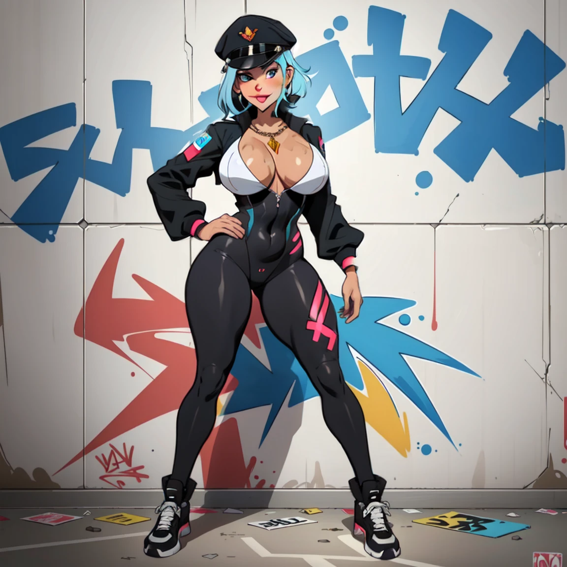 anime style, graffiti woman, graffiti on the wall, seminude against the wall, side cap, bright colors, good figure, good curves, highest quality tattoos, ultra detailed, ((gorgeous and full tattooed breasts)), 8K, full body.