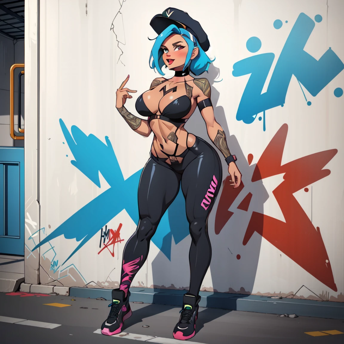 anime style, graffiti woman, graffiti on the wall, seminude against the wall, side cap, bright colors, good figure, good curves, highest quality tattoos, ultra detailed, ((gorgeous and full tattooed )), 8K, full body.