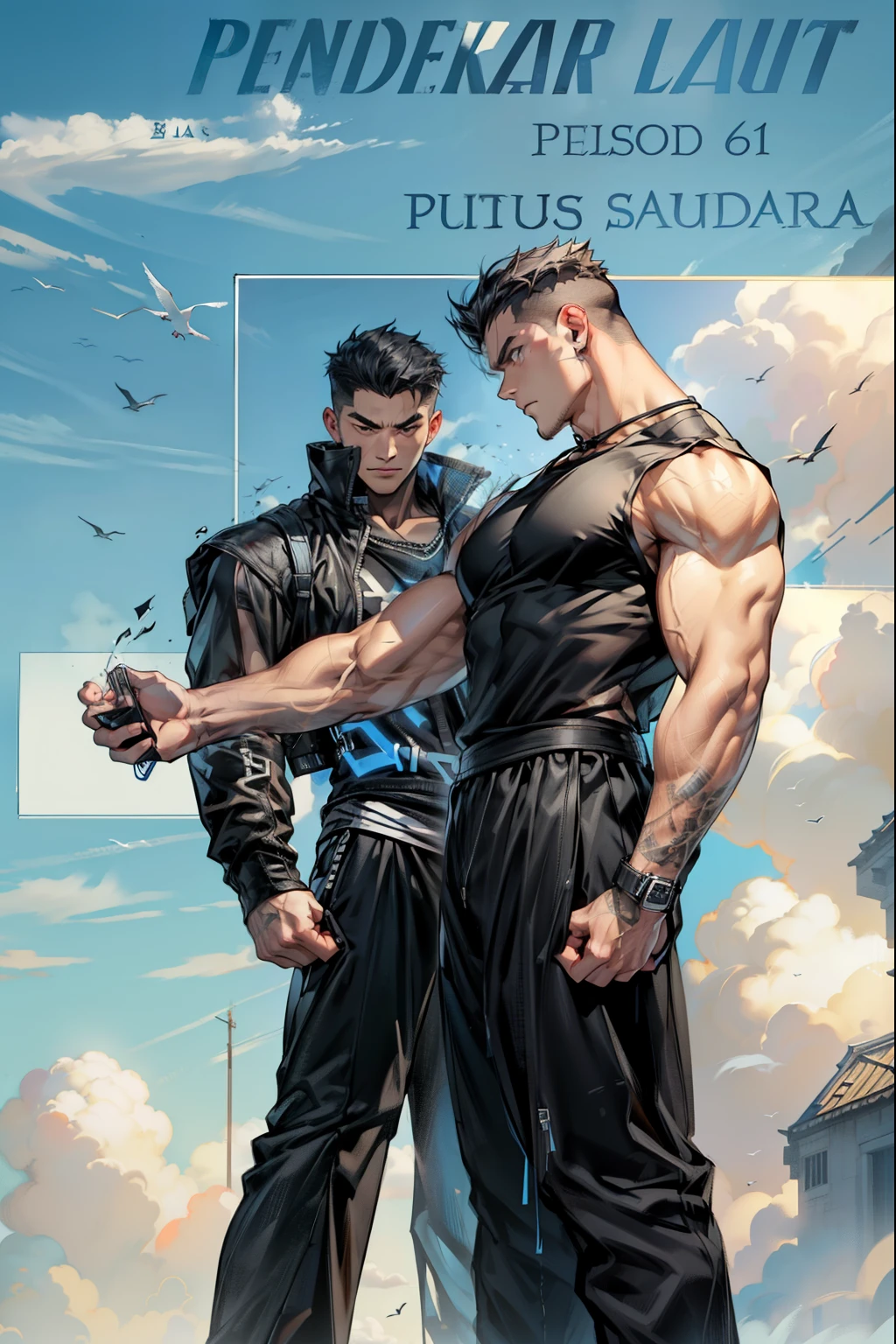 boys 26 Years old, Serious face, wearing black sleeveless shirt, black pants, black hair, levitate on sky, blue sky, cloud