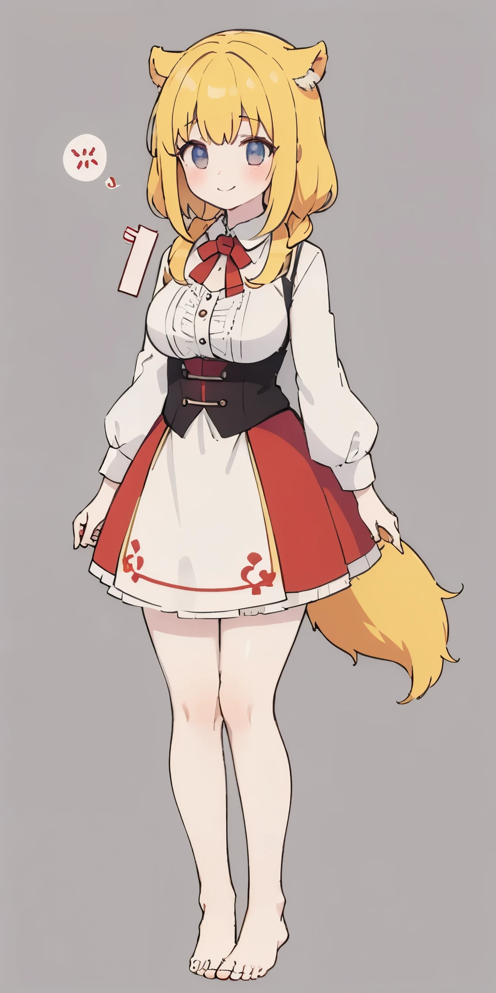 Roxanne Demin kin 1girl, solo, medium breasts, body position: standing, straight, symmetrical, barefoot, lustful smile on face with red blush, fluffy ears, dog ears, blonde hair