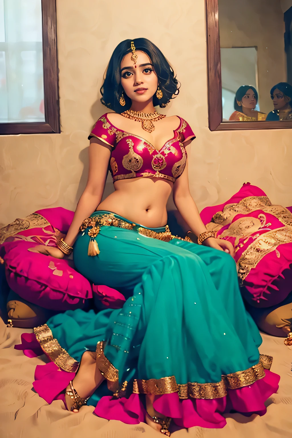 A stunningly beautiful Indian woman, dressed in a vibrant and richly decorated red lehenga, adorned with intricate gold embroidery and sequins, flares out majestically around her slender figure. Her hair, cascading down in shiny curls, frames her captivatingly beautiful face. She sits gracefully on a plush cushion, with her legs crossed, displaying the elegance and grace of traditional Indian culture. The lehenga, reaching down to her ankles, exudes a regal and royal aura, making her the cynosure of all eyes. Wearing bold makeup and elegant jewelry, she poses confidently, 