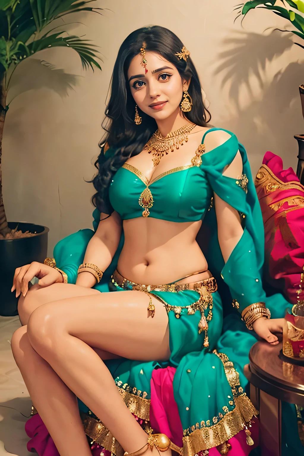 A stunningly beautiful Indian woman, dressed in a vibrant and richly decorated red lehenga, adorned with intricate gold embroidery and sequins, flares out majestically around her slender figure. Her hair, cascading down in shiny curls, frames her captivatingly beautiful face. She sits gracefully on a plush cushion, with her legs crossed, displaying the elegance and grace of traditional Indian culture. The lehenga, reaching down to her ankles, exudes a regal and royal aura, making her the cynosure of all eyes. Wearing bold makeup and elegant jewelry, she poses confidently, 