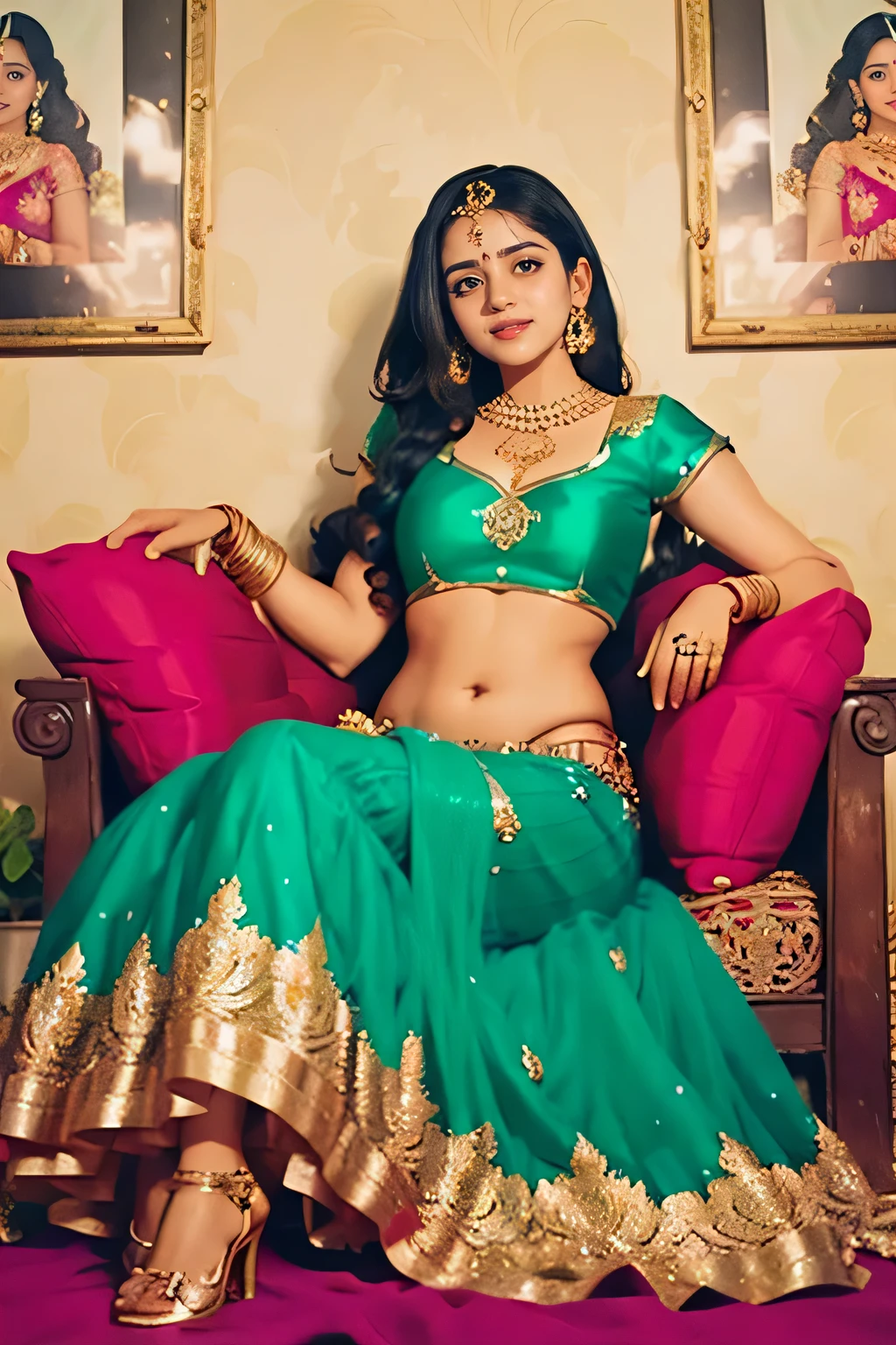 A stunningly beautiful Indian woman, dressed in a vibrant and richly decorated red lehenga, adorned with intricate gold embroidery and sequins, flares out majestically around her slender figure. Her hair, cascading down in shiny curls, frames her captivatingly beautiful face. She sits gracefully on a plush cushion, with her legs crossed, displaying the elegance and grace of traditional Indian culture. The lehenga, reaching down to her ankles, exudes a regal and royal aura, making her the cynosure of all eyes. Wearing bold makeup and elegant jewelry, she poses confidently, 