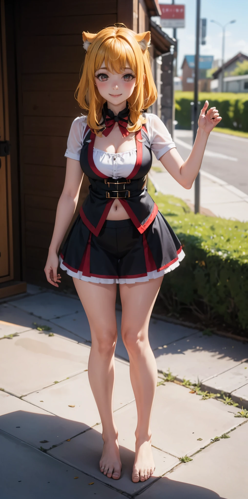 Roxanne Demin kin 1girl, solo, medium breasts, body position: standing, straight, symmetrical, barefoot, lustful smile on face with red blush, fluffy ears, dog ears, blonde hair