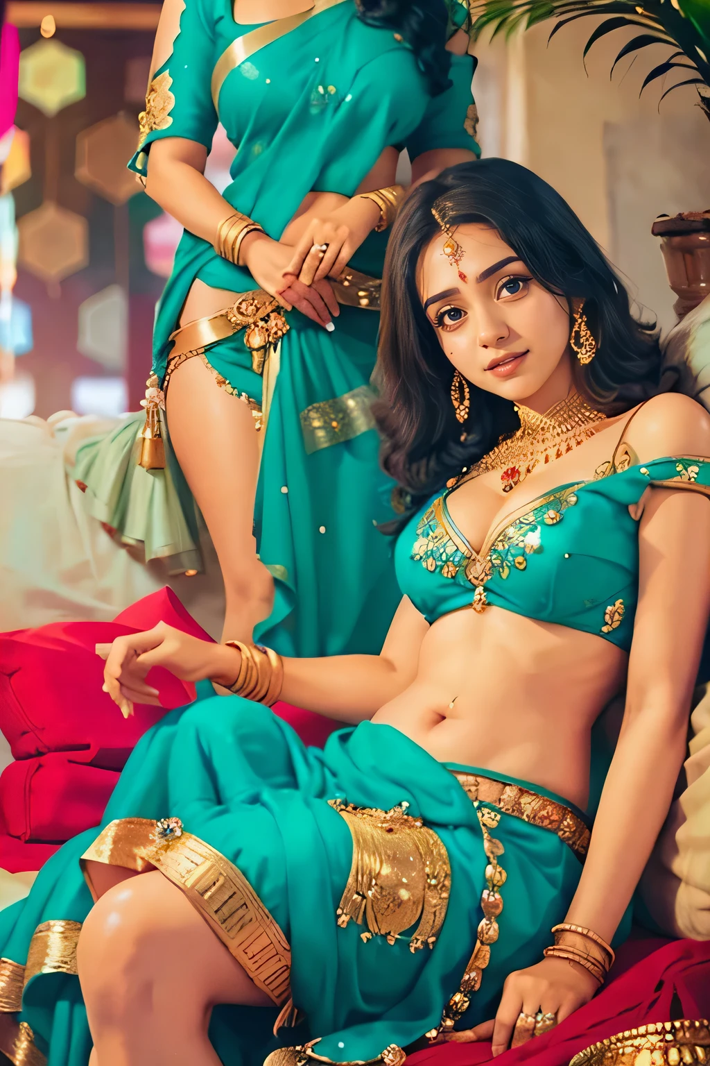 A stunningly beautiful Indian woman, dressed in a vibrant and richly decorated red lehenga, adorned with intricate gold embroidery and sequins, flares out majestically around her slender figure. Her hair, cascading down in shiny curls, frames her captivatingly beautiful face. She sits gracefully on a plush cushion, with her legs crossed, displaying the elegance and grace of traditional Indian culture. The lehenga, reaching down to her ankles, exudes a regal and royal aura, making her the cynosure of all eyes. Wearing bold makeup and elegant jewelry, she poses confidently,