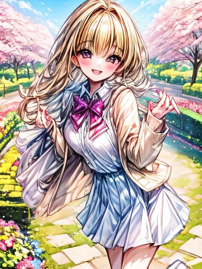 A quiet girl wearing a cardigan with a smile on her face, standing in a sunny garden surrounded by colorful flowers.