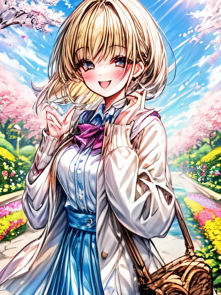 A quiet girl wearing a cardigan with a smile on her face, standing in a sunny garden surrounded by colorful flowers.