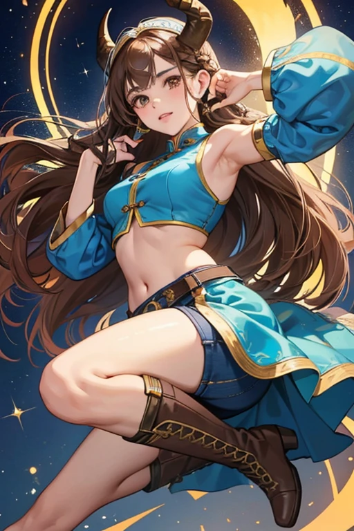 Julia has brown eyes and long brown hair. and she wears a blue sleeveless Chinese design midriff, long blue skirt with yellow linings which reaches to just above her knees over short blue denim shorts and brown knee-high boots. She has two ribbon ox horns in her hair, one on each side of her head, and gains an extra braid in her hair. Julia maintains the headdress and finger-less gloves of her primary outfit. SPARKLE; GLITTER