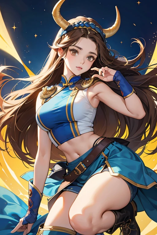 Julia has brown eyes and long brown hair. and she wears a blue sleeveless Chinese design midriff, long blue skirt with yellow linings which reaches to just above her knees over short blue denim shorts and brown knee-high boots. She has two ribbon ox horns in her hair, one on each side of her head, and gains an extra braid in her hair. Julia maintains the headdress and finger-less gloves of her primary outfit. SPARKLE; GLITTER