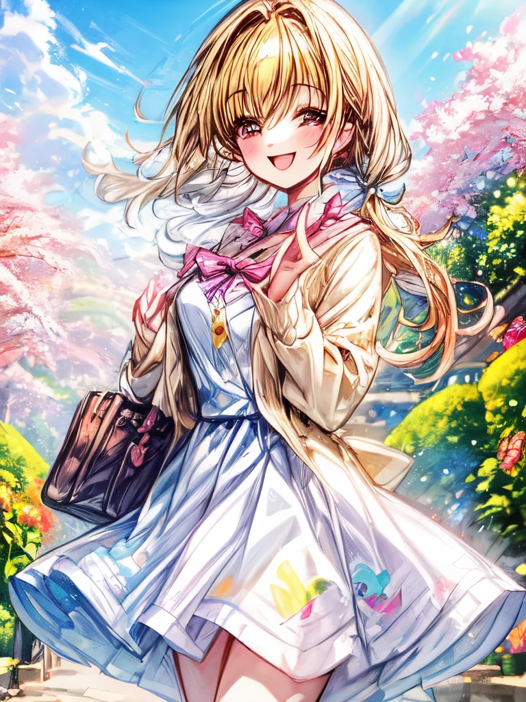 A quiet girl wearing a cardigan with a smile on her face, standing in a sunny garden surrounded by colorful flowers.