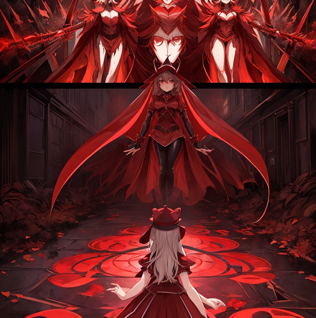 there is a drawing of a woman with a red dress and a hat, emitting evil red aura, dark goddess with six arms, red aura, red biomechanical dress, remilia scarlet from touhou, evil aura, crimson red aura, dark glowing red aura, the butterfly goddess of fire, symmetrical fullbody rendering, character ANIME girl, ((design sketches)), (masterpiece), extremely detailed, (original design reserved), (random poses), LEADER, (dirty: 1.1), (movement: 0.8), (young: 1.3), (sprint: 0.6) (silent hill concept) (resident evil concept)