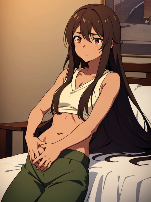 masterpiece, high quality) brown skin anime girl in a  V neck wrap top and trousers, famished in hunger, (gently resting hands on stomach), (long hair), (hands on her stomach)