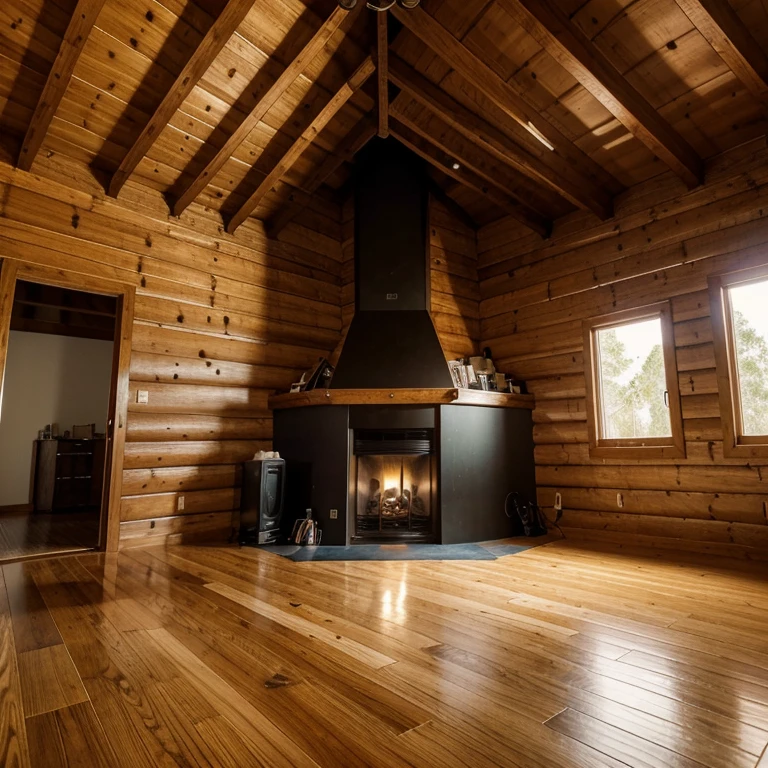 corner of large modern empty wooden cabin, paredes completas de madera , piso de madera y chimenea en pared izquierda apagada, iluminacion profesional, foto realista, tomada con camara sony alpha iii, maximos detalles, calidad 4k, , estilo cinematografico, foto tomada esquinada