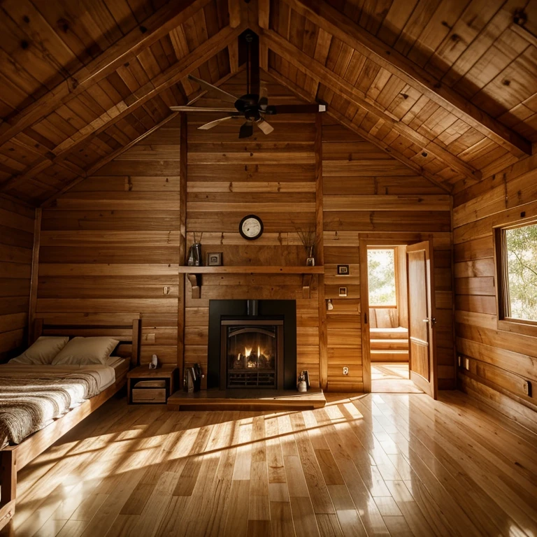 corner of large modern empty wooden cabin, paredes completas de madera , piso de madera y chimenea en pared izquierda apagada, iluminacion profesional, foto realista, tomada con camara sony alpha iii,  maximos detalles, calidad 4k, , estilo cinematografico, foto tomada esquinada