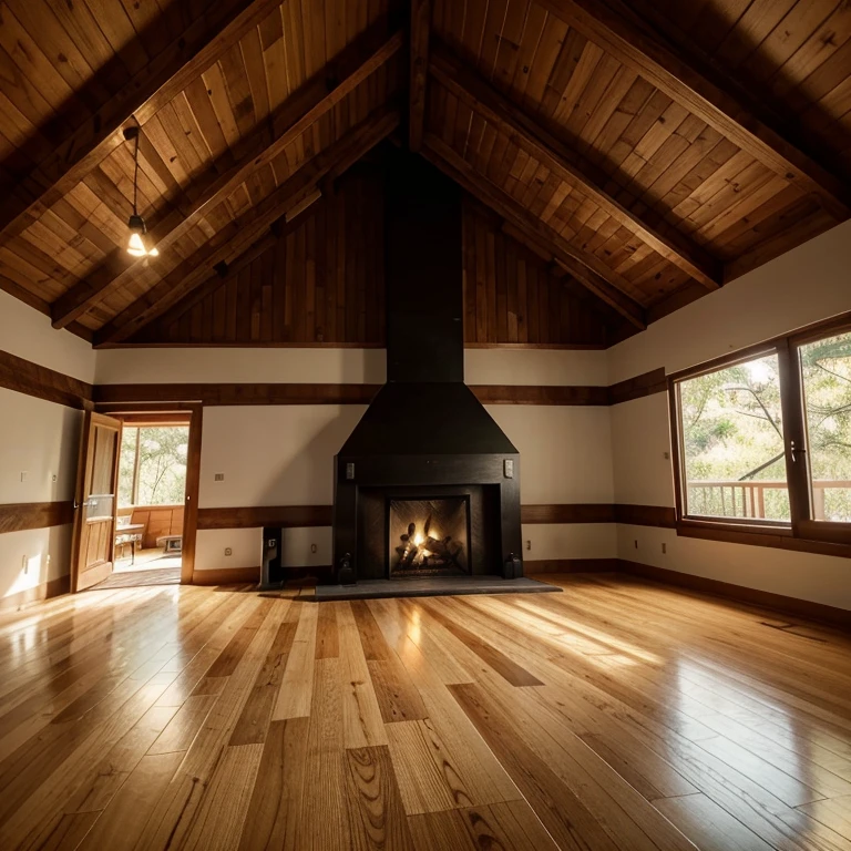 corner of large modern empty wooden cabin, paredes completas de madera , piso de madera y chimenea en pared izquierda apagada, iluminacion profesional, foto realista, tomada con camara sony alpha iii, maximos detalles, calidad 4k, , estilo cinematografico, foto tomada esquinada