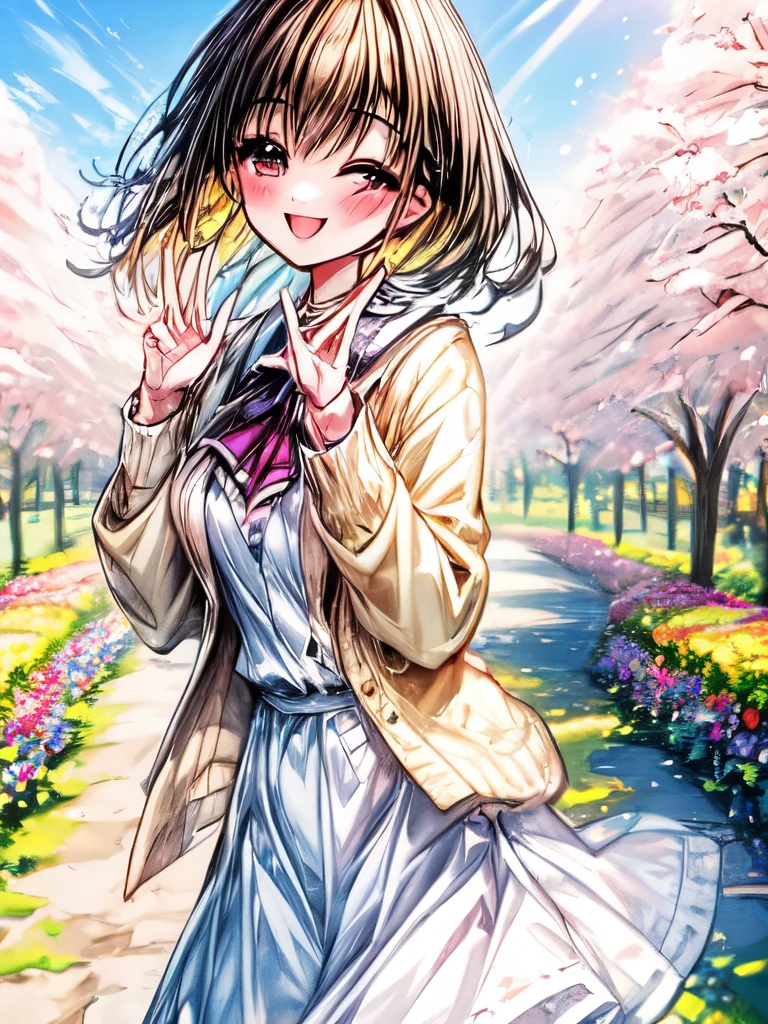 A quiet girl wearing a cardigan with a smile on her face, standing in a sunny garden surrounded by colorful flowers.