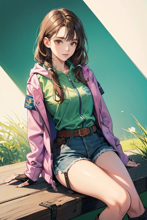 Julia has brown eyes and long brown hair. Julia wears an open, plaid patterned coat in different shades of purple and pink over a periwinkle zippered hoodie with the zipper undone over her midriff and upper chest, zipped only directly under her chest. Under this, she wears a white shirt with a slot neckline and a green "Reforestation" logo over the chest. Julia also wears light blue denim shorts with a pale brown, partially braided belt around her waist under a lighter brown holster strap, the holster itself sitting at her right upper thigh. With this outfit, Julia wears blue and light green Converse-style boots folded down into cuffs with white laces. She also wears silver, fingerless gloves with spring green backs and lime green guards along the back of each hand. On the right side of her coat, Julia wears a green I.D. badge with her photo, name, identification number, and the Reforestation logo. SPARKLE; GLITTER