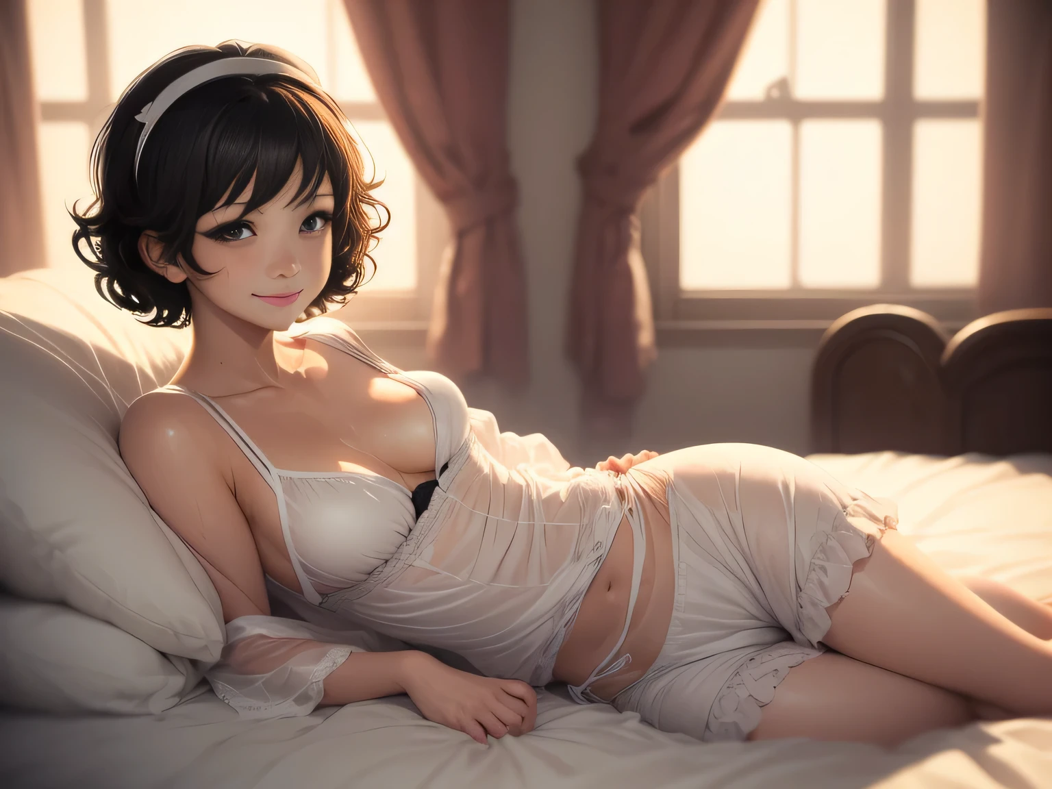 kawakami sadayo, one girl, brown eyes, white background, short hair, extremely detailed, blushing, sweating, wet, ((soft, soft light, gentle)), small breasts, full body shot, smirk, bed, maid outfit