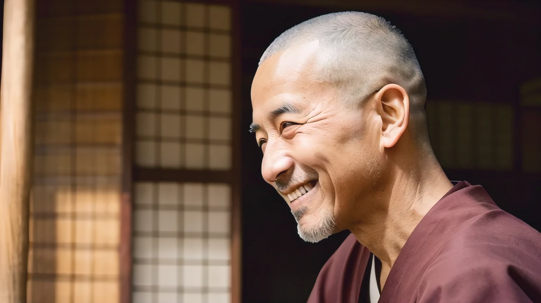 A monk in his 50s　male　Skinhead　Real　Photo style　A kind smile　profile　Japanese