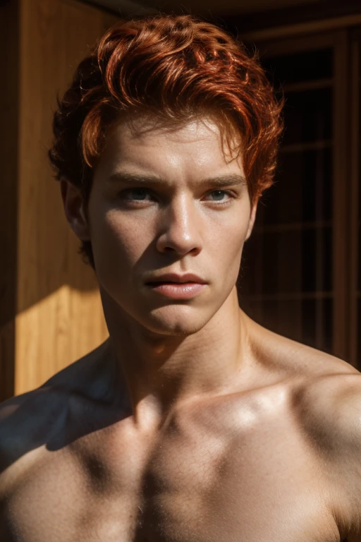 (best quality,4k,8k,highres,masterpiece:1.2),ultra-detailed,(realistic,photorealistic,photo-realistic:1.37),1 male model,albino skin color,red hair, curly red hair, showing armpits,sexy pose,serious face,slim muscular build, model is 17 years old, thick and strong bíceps, front fase photo