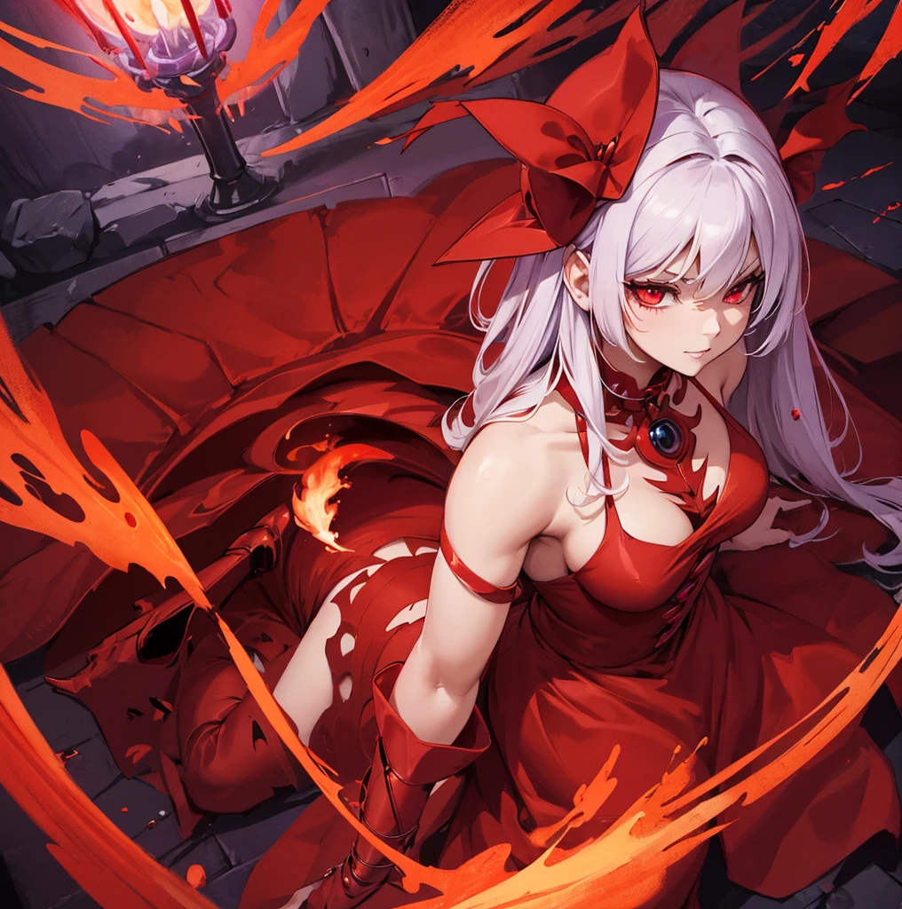 there is a drawing of a woman with a red dress and a hat, emitting evil red aura, dark goddess with six arms, red aura, red biomechanical dress, remilia scarlet from touhou, evil aura, crimson red aura, dark glowing red aura, the butterfly goddess of fire, symmetrical fullbody rendering