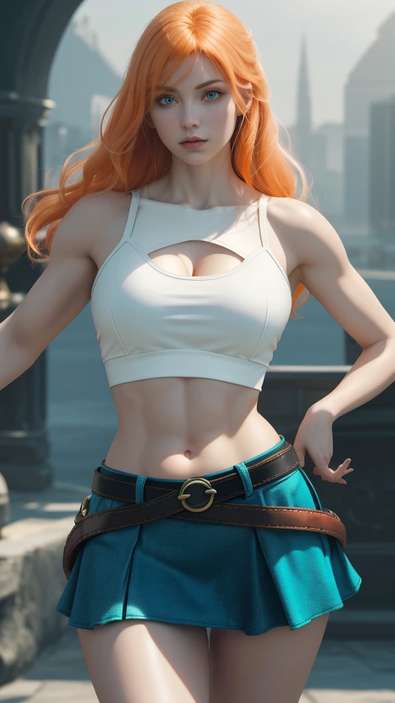 Photorealistic, Ultra realistic, 16k, high quality, cinematic lights, dream atmosphere, dream aesthetic, 1girl, pale-orange hair, realistic silky hair(pale-orange), cute pale-turquoise eyes (shiny look), long flowing hair(realistic), pale-white skin illuminated, realistic textured skin, realistic shading, alternative outfit, cleavage, large natural breasts, (white crop top:1.2), bare shoulders, black midriff, blue miniskirt, realistic textures, belt, 16k resolution, detailed face and eyes, muscular female body, strong arms, lean belly, big hips, muscular thighs, thick legs, full body, realistic, style-paintmagic, different positions at different types of angles. 