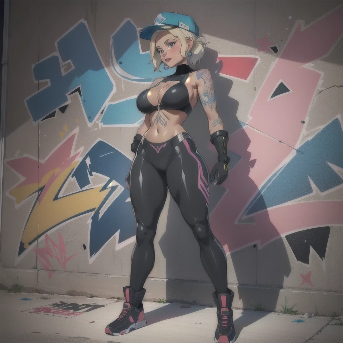 anime style, graffiti woman, graffiti on the wall, seminude against the wall, side cap, bright colors, good figure, good curves, highest quality tattoos, ultra detailed, ((gorgeous and full tattooed breasts)), cameltoe, 8K, full body.