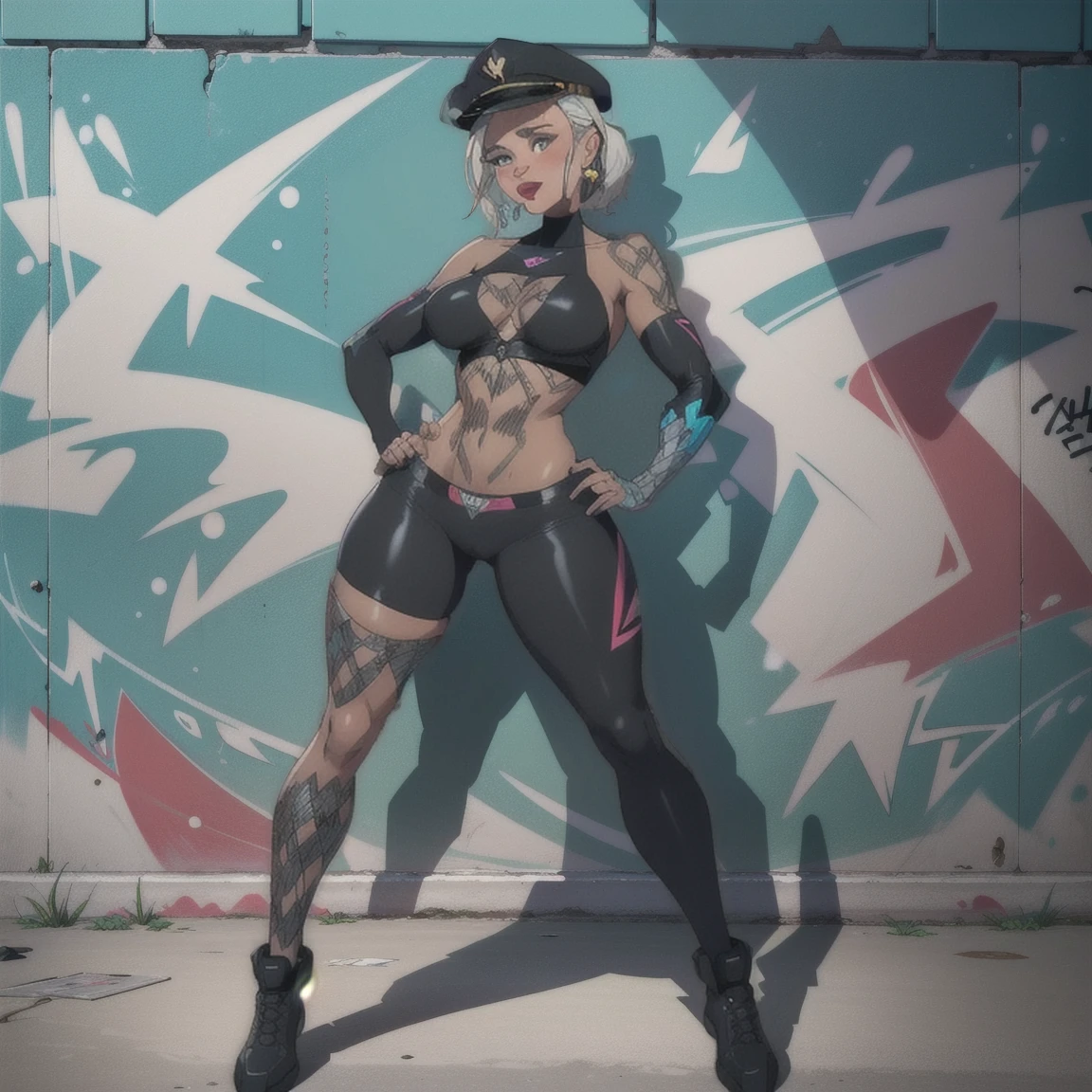 anime style, graffiti woman, graffiti on the wall, seminude , side cap, bright colors, good figure, good curves, highest quality tattoos, ultra detailed, ((gorgeous and full tattooed )), , 8K, full body.