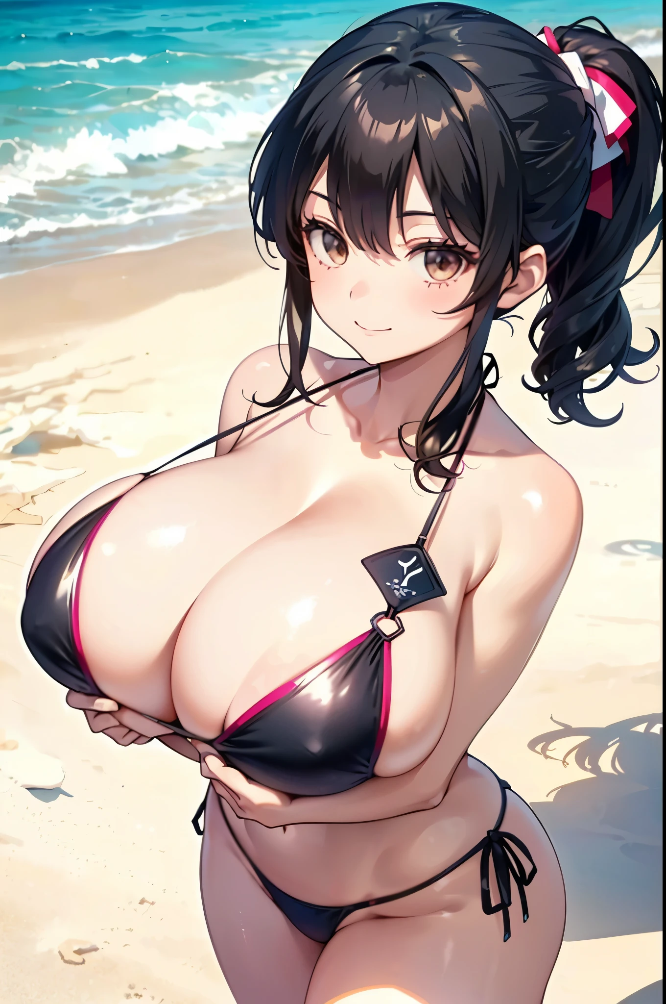 ((stand in line:1.5)),((seaside:2.0)),(((medium hair:1.3,black hair:1.5))),(brown eyes:2.0),((hold hands)),(from directly above:1.5),(twins:2.0),(2 female), (2 girls:2.0),(under breasts:2.0),(Smile Beam:1.5),((huge breasts:2.5)),(huge saggy breasts:2.5), ((cleavage:3.0)),((micro bikini:2.0)),((loose bikini:2.0)),((High leg:1.5), (twins:2.0),20 years old,masterpiece,hyper quality, very detailed,perfect picture,3D,8k,High resolution,seductive anime girl, sporty hairstyle,Smooth anime CG art,
