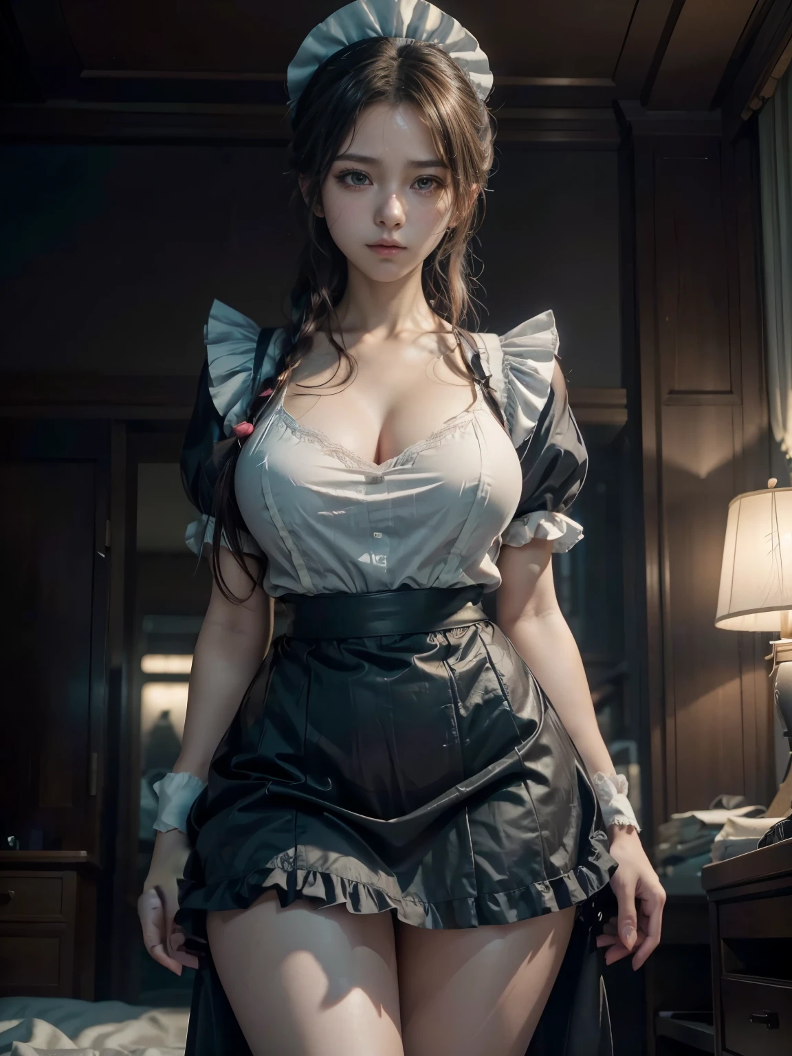 An anime girl posing for photos on a blurred dark background f1.2. Masterpiece, ( Girl Makes Ultra Realistic Cosplay Of A Sexy Anime Character) (Sexy Maid Outfit, Black Eyes, Hair Up Down, Neckline, Short Skirt With Lace, Sexy Anime Maid Dress, Slim Waist Sexy Thick Legs) ultra HD, 8k, photography style, sexy, 100% realistic textures. Cool colors like movie at night, cinematic, best quality, professional realistic photography style.