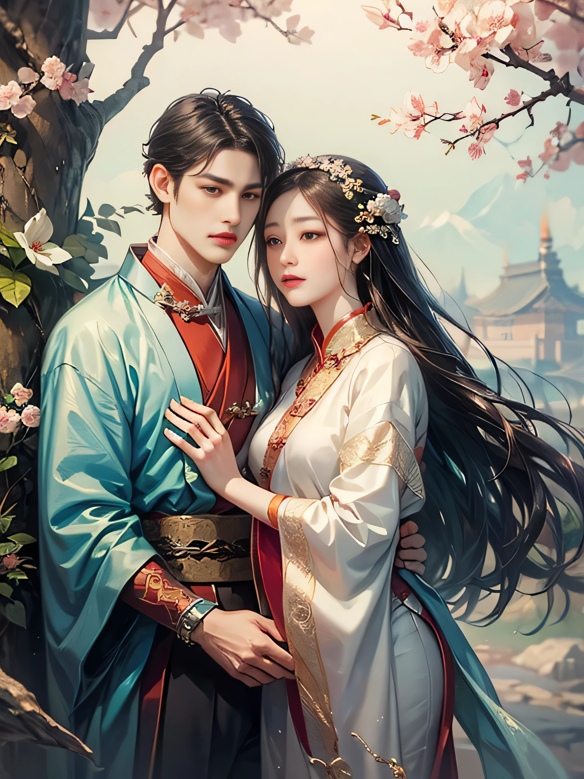 arafed image of a couple of asian women and man hugging each other, Peach Garden detailed background, xianxia fantasy, jingna zhang, game cg, wuxia, inspired by Chen Yifei, xianxia, xianxia hero, 2. 5 d cgi anime fantasy artwork, heise jinyao, chinese fantasy, beautiful render of tang dynasty, heise-lian yan fang, 4k best quality, 8k character details, high quality anime art, high quality illustration, detailed anime wallpapers, detailed anime art, hyper-realistic, elegant, high quality realistic anime art