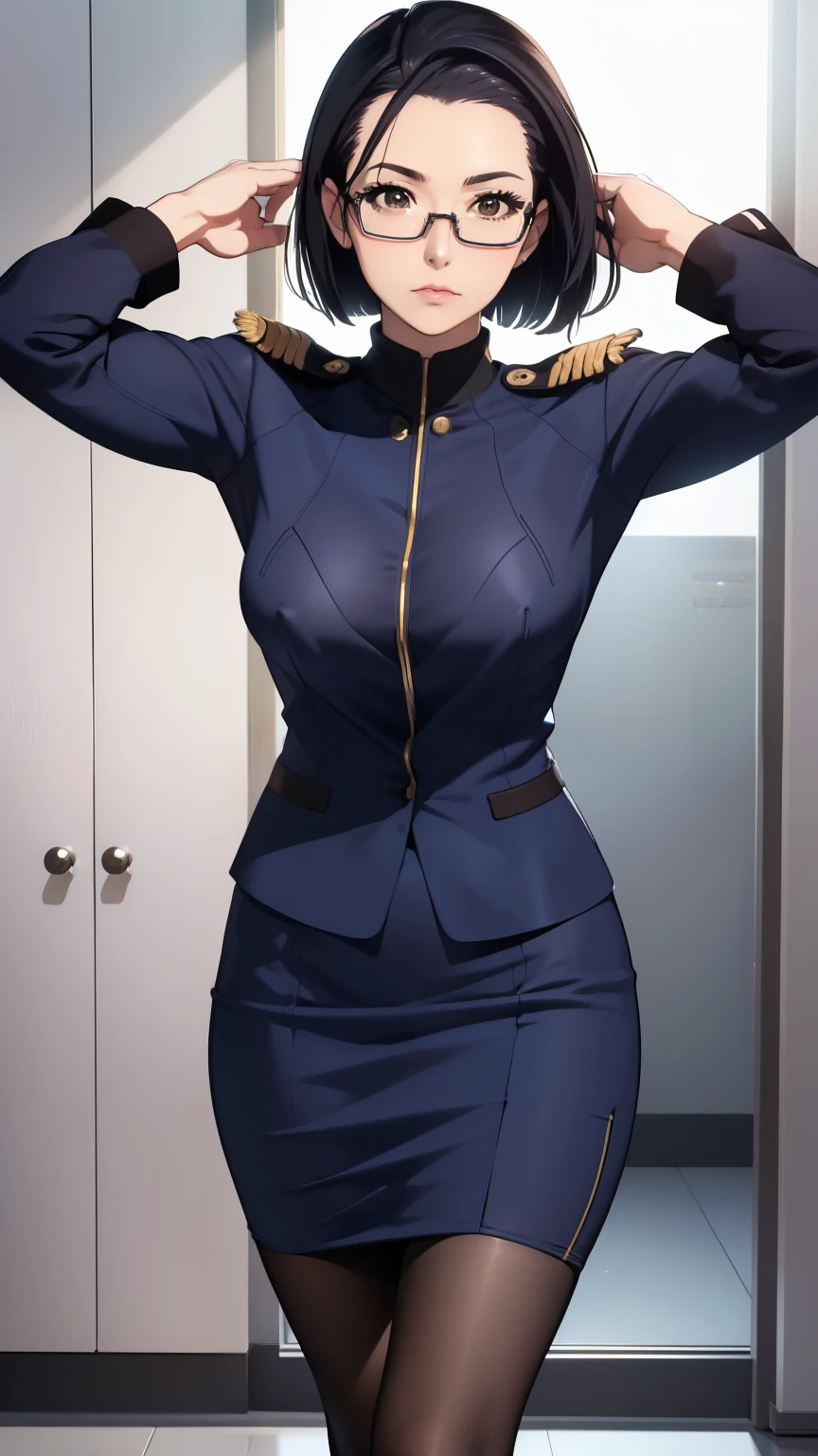 (masterpiece, best quality:1.2),(photoreal),perfect anatomy,horizontal angle,solo, 1 middle woman, (Niimi Kaoru),((looking at viewer)),((full body shot:1.3)),((small breasts:1.4)),((saggy breasts:1.2)),((muscular:1.7)),((do not hide your crotch)),((do not show your skin)),(cod lips),black hair,holding head high,((Standing)),(both arms behind),hairclip, glasses,((Naval officer uniform)),black pantyhose,pencil skirt,sharp focus,