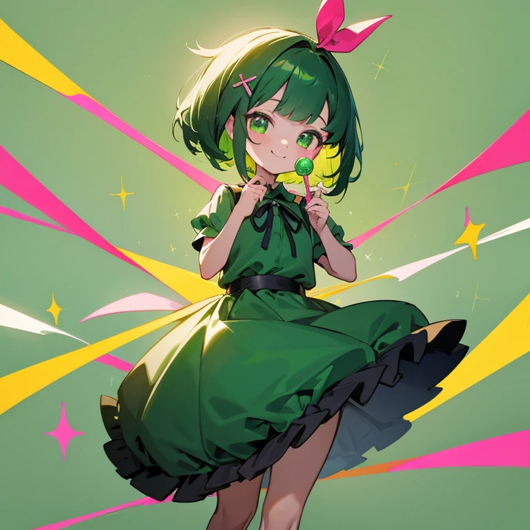 1 Girl, , Kindergarteners, Dark green bob hair, small ribbon hair ornament, Green Eyes, big and sparkling eyes, A simple emerald green dress, pull, whole body, Innocence, cute, younger sister, smile, Holding a candy, Colorful background of lots of sweets