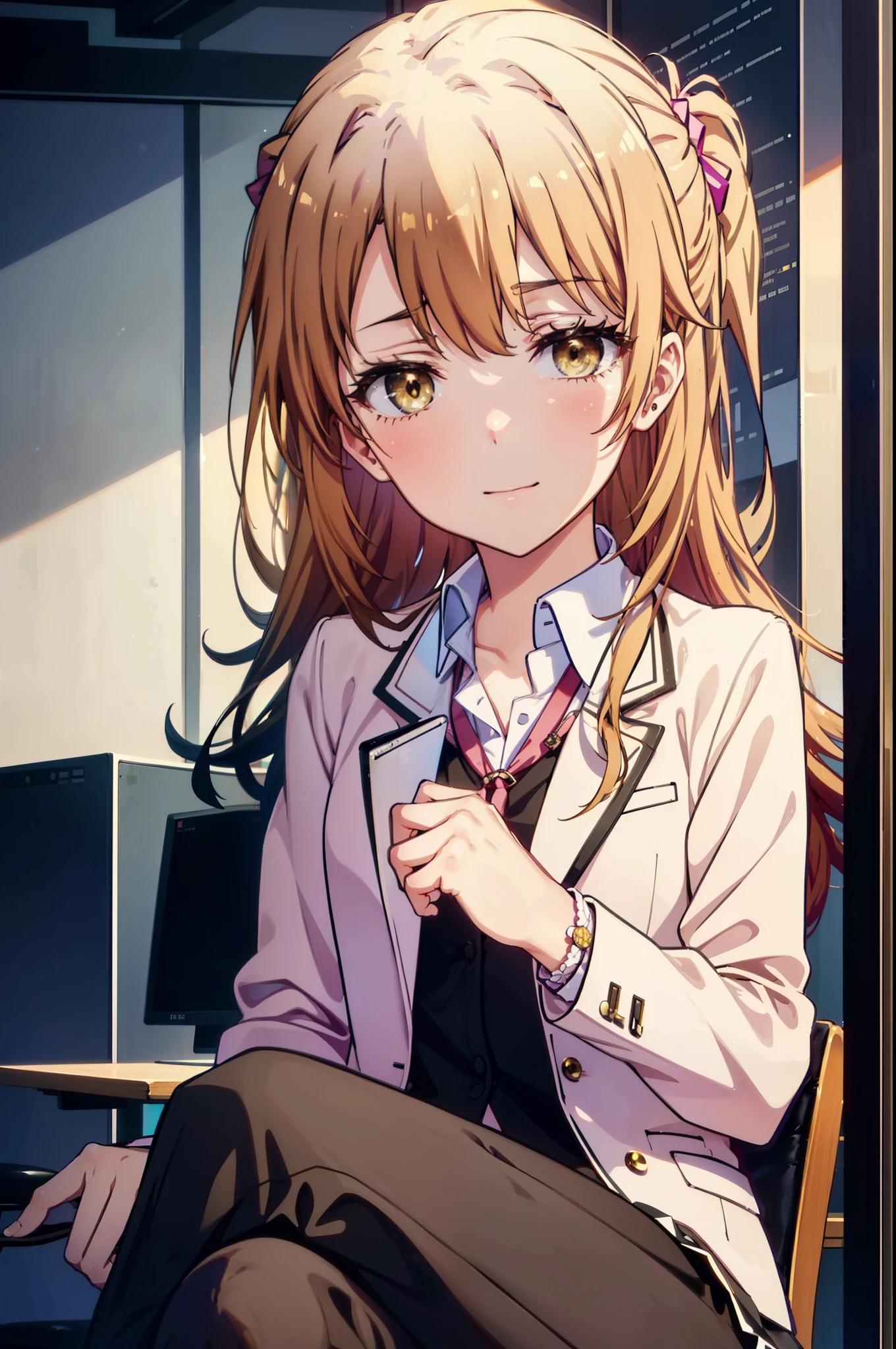 irohaisshiki, Iroha Isshiki, Long Hair, Brown Hair, (Brown eyes:1.5), Pink hair band ,Hair between the eyes, happy smile, smile, Open your mouth,OL, Akagi glasses, Black suit jacket, Collared jacket, White dress shirt, Collared shirt, Neckline, button, Black pencil skirt, Black pantyhose,Stiletto heels,sitting cross-legged on a chair,There is a computer on the table,touch typing,whole bodyがイラストに入るように,Daytime,快晴
break indoors, オフィス
break looking at viewer, whole body, (Cowboy Shot:1. 5)
break (masterpiece:1.2), highest quality, High resolution, unity 8k wallpaper, (shape:0.8), (Beautiful details:1.6), Highly detailed face, Perfect lighting, Highly detailed CG, (Perfect hands, Perfect Anatomy),