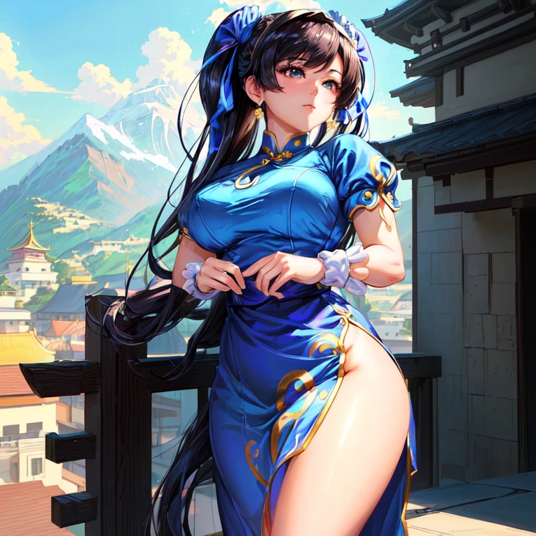 4k, digital drawing, Comic Babes, a woman in a blue dress standing on a balcony overlooking a mountain, cute anime waifu in a beautiful dress, Seductive anime girl, portrait of chun-li, Chun-Li, Yoshitomo Nara, portrait of Chun-Li, Chun-Li, chun-li, anime moe art style, in a blue qipao