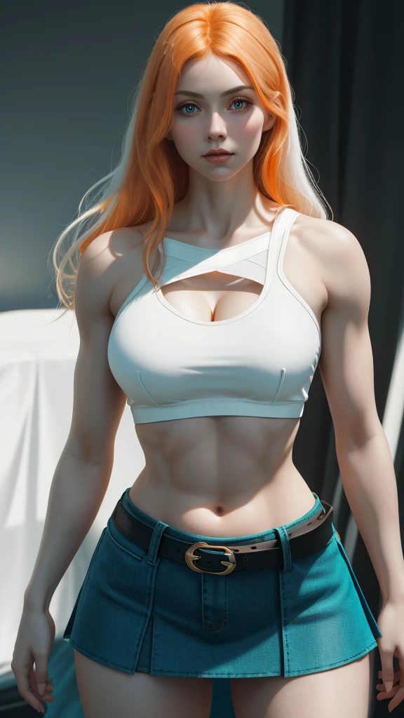 Photorealistic, Ultra realistic, 16k, high quality, cinematic lights, dream atmosphere, dream aesthetic, 1girl, pale-orange hair, realistic silky hair(pale-orange), cute pale-turquoise eyes (shiny look), long flowing hair(realistic), pale-white skin illuminated, realistic textured skin, realistic shading, alternative outfit, cleavage, large natural breasts, (white crop top:1.2), bare shoulders, black midriff, blue miniskirt, realistic textures, belt, 16k resolution, detailed face and eyes, muscular female body, strong arms, lean belly, big hips, muscular thighs, thick legs, full body, realistic, style-paintmagic, different positions at different types of angles. 