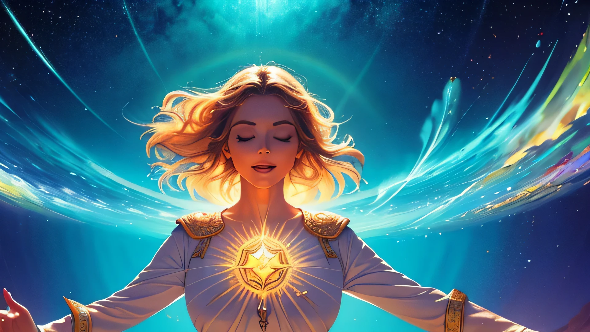 obra de arte, melhor qualidade, 1 mulher, linda, Medium shot, olhos fechados, expression of relief, calma,  open arms in an attitude of liberation, delivery and surrender, luz saindo do seu chakra cardiaco no centro do peito, releasing energetic fluids of light