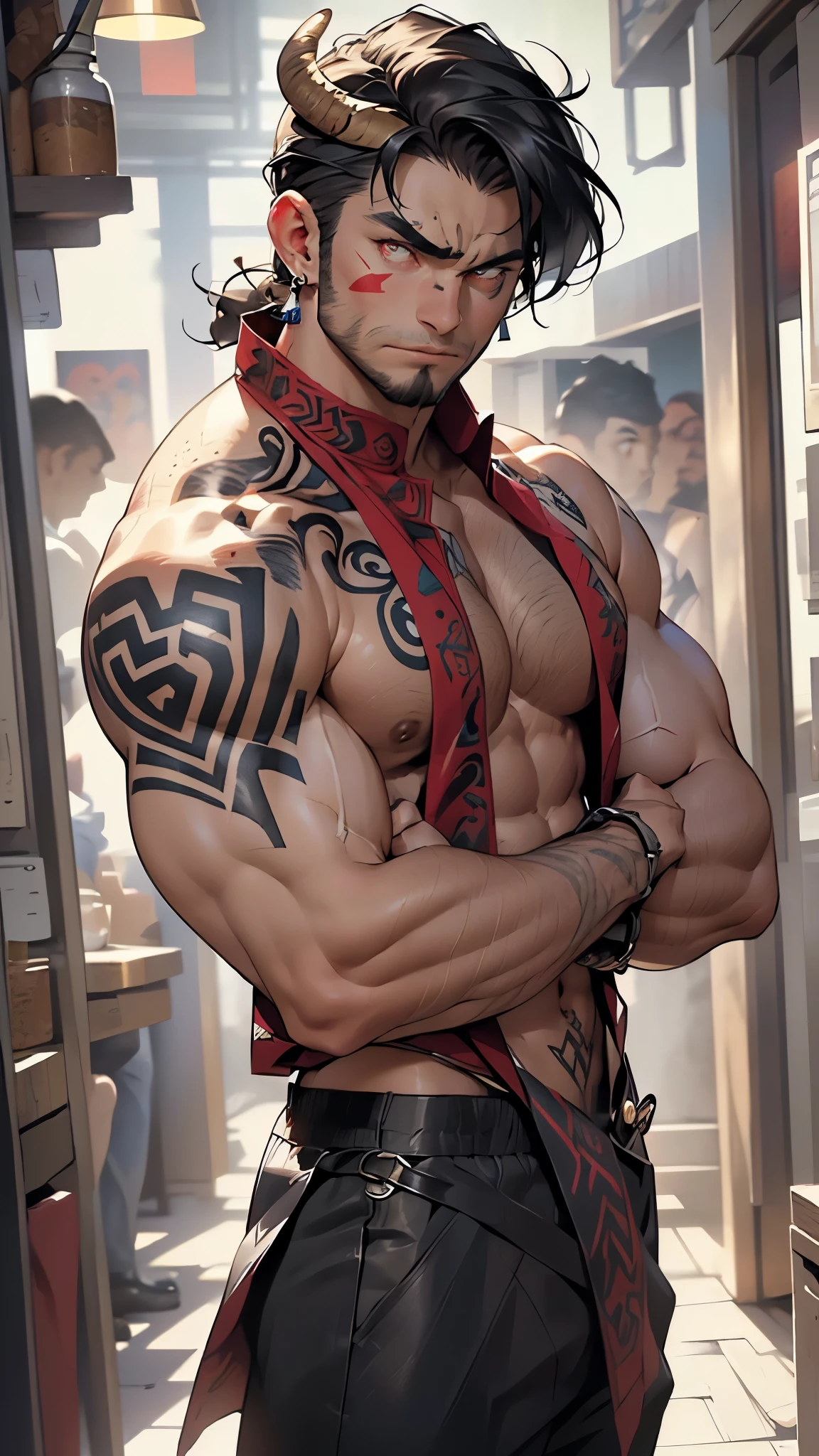 (((bull’s head man))),A bull-faced man with his arms crossed staring,(((mythological minotaur))),((exaggerated muscles,exaggerated shoulders,very muscular and huge)),man chest,(((bull face))),((((muscular,hairy body,muscular bull man,tall,big biceps,abs,big thighs,broad shoulders,open chest)))),animal man,(anthro furry:1.2),((black hair)),(((red_eyes:1.3))),intricate eyes,beautiful detailed eyes,symmetrical eyes,((thick bushy beard)),
angry,((nsfw)),
Genetic mutation of a half man half minotaur,
((muscle legs,muscular thighs,strong and muscular,muscular,(ABS:1.1))),fit,((arm muscles,leg muscles)),(bulky:1.2)),((expression is usually fierce and wild)),((hairy body, body hair)),
Man with an imposing bull's head adorned ((horns)) and deep, athletic, The bull's skin is dark brown,
(((bare chest,naked torso))),(black linen tunic, himation),((bulge in tunic)),((chains)),(earrings),(loincloth),(exposed navel),(((elaborate and intricate tattoo,tribal tattoos))),((tribal clothes:1.5)),(barbarian fur crop top),(wearing brown furs and hides),(leather straps),(((red war paint all over his body)))),((intricate outfit,intricate clothes)),
indoor,((medieval tavern)),scenery:1.25,((medieval tavern background)),
(Glossy tribal ornaments),highres,sharp focus,(ultra detailed,extremely detailed),(photorealistic artwork:1.37),(extremely detailed CG unity 8k wallpaper),(((vibrant colors,vibrant theme))),(intricate),(masterpiece),(best quality),artistic photography,(photography taken by sldr),(intricate background),perfect rendered face,perfect face details,realistic face,photo realistic,((intricate detail)),(((realism))),