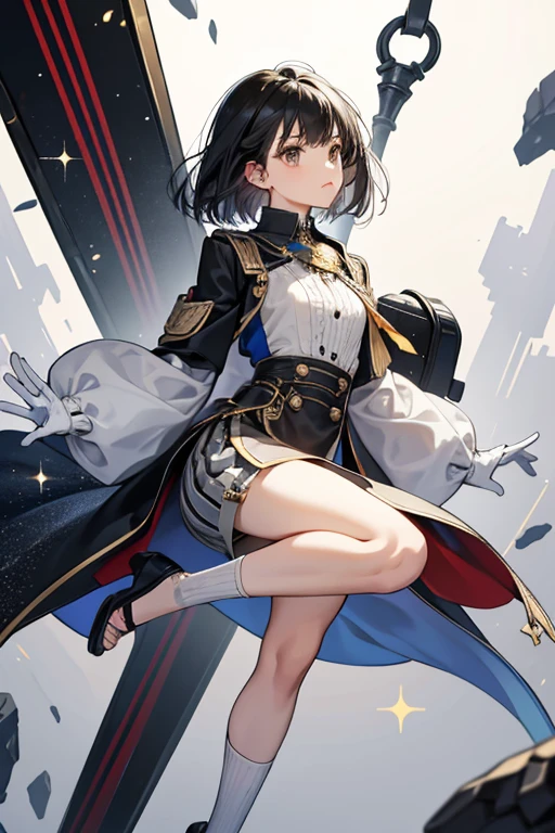 She has shoulder-length black hair and brown eyes. In this version of the outfit, her buttons are silver with anchor designs on the front, and she has one button on each side of her collar as well as one on her left lapel just above two small straps with silver buckles. There are two yellow stripes on each side of her capris, and she now wears flat, closed-toe sandals with two straps around her ankles. She no longer wears white gloves or socks in this version of the outfit. SPARKLE; GLITTER