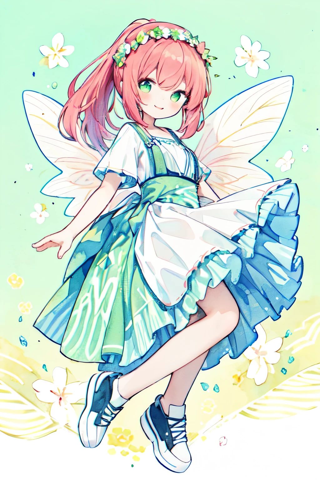 ♡♡♡、Pastel Watercolor、redhead, 1 girl, Has 4 correct fairy wings on its back:1.0、summer👗、ハート型のsummer flowerwreath background:1.0、white, high ponytail、platform sneakers、smile、Up from the side、Photo of green-eyed woman with cute smile、jump、floating、