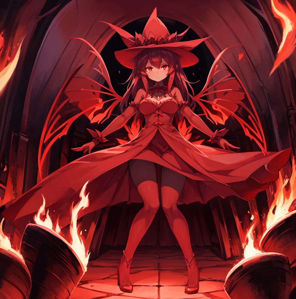 there is a drawing of a woman with a red dress and a hat, emitting evil red aura, dark goddess with six arms, red aura, red biomechanical dress, remilia scarlet from touhou, evil aura, crimson red aura, dark glowing red aura, the butterfly goddess of fire, symmetrical fullbody rendering