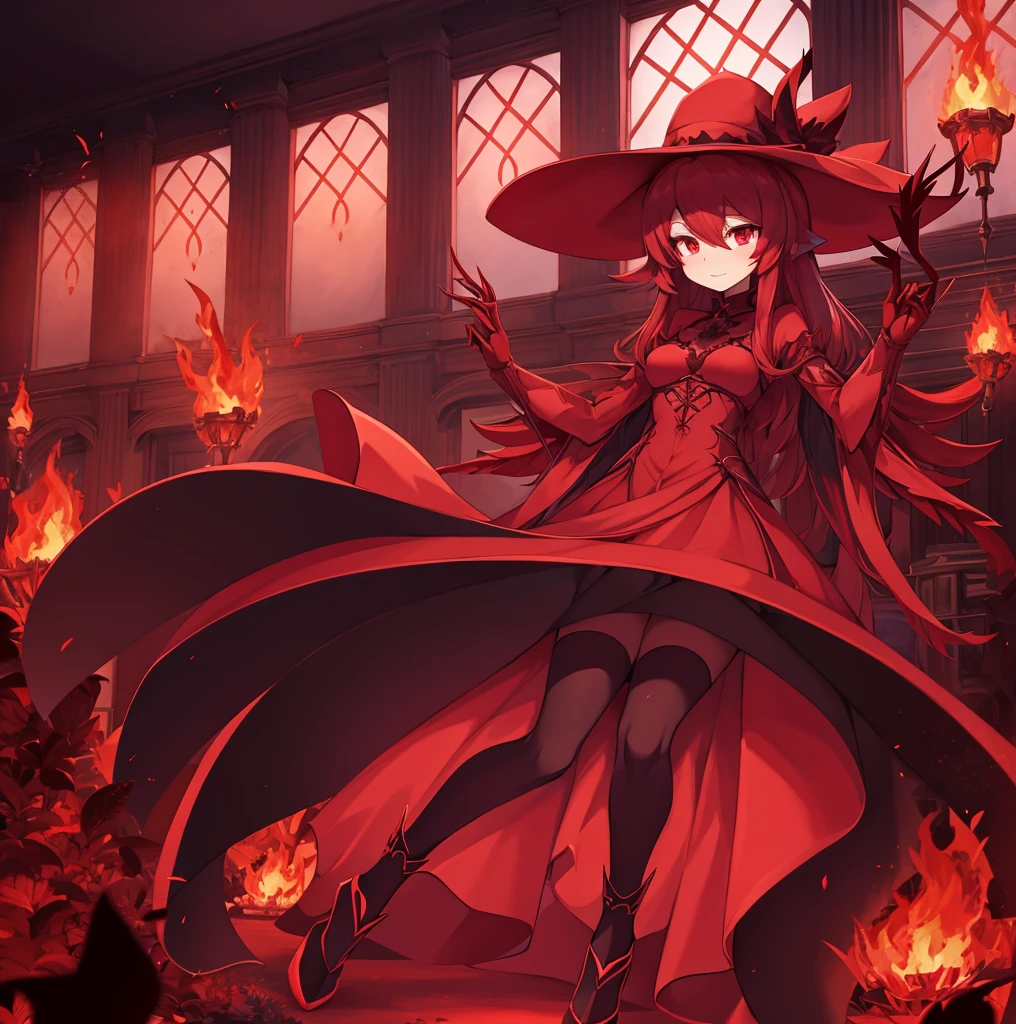 there is a drawing of a woman with a red dress and a hat, emitting evil red aura, dark goddess with six arms, red aura, red biomechanical dress, remilia scarlet from touhou, evil aura, crimson red aura, dark glowing red aura, the butterfly goddess of fire, symmetrical fullbody rendering