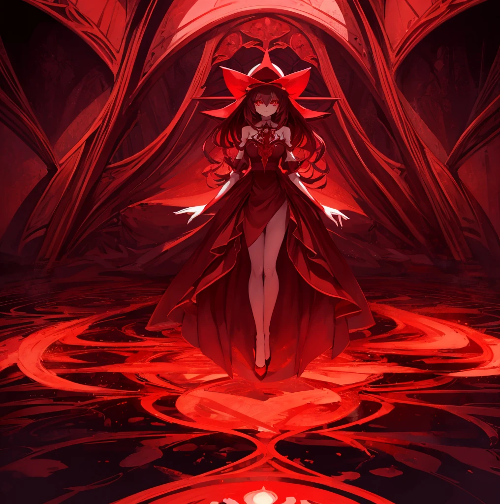there is a drawing of a woman with a red dress and a hat, emitting evil red aura, dark goddess with six arms, red aura, red biomechanical dress, remilia scarlet from touhou, evil aura, crimson red aura, dark glowing red aura, the butterfly goddess of fire, symmetrical fullbody rendering