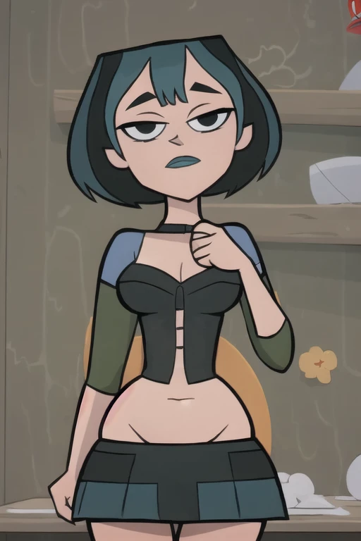 (8k, RAW photo, best quality, masterpiece:1.2), (intricate details), perfect eyes, perfect face, perfect lighting, beautiful, (masterpiece:1.2), (best quality:1.2), 1girl, cartoon style, gwentdi, solo, black eyes, face portrait, look at the viewer, potbelly, plump, miniskirt, exposed navel 