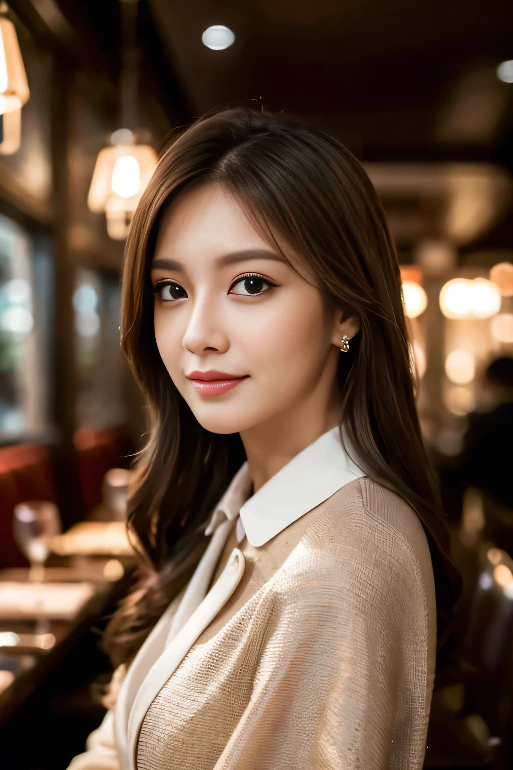 masterpiece, highest quality, Realistic, Very detailed, Finer details, High resolution, 8k wallpaper, One beautiful woman, Wear casual business attire, In a great restaurant, At night, Light brown messy hair, Perfect dynamic composition, Beautiful and beautiful eyes