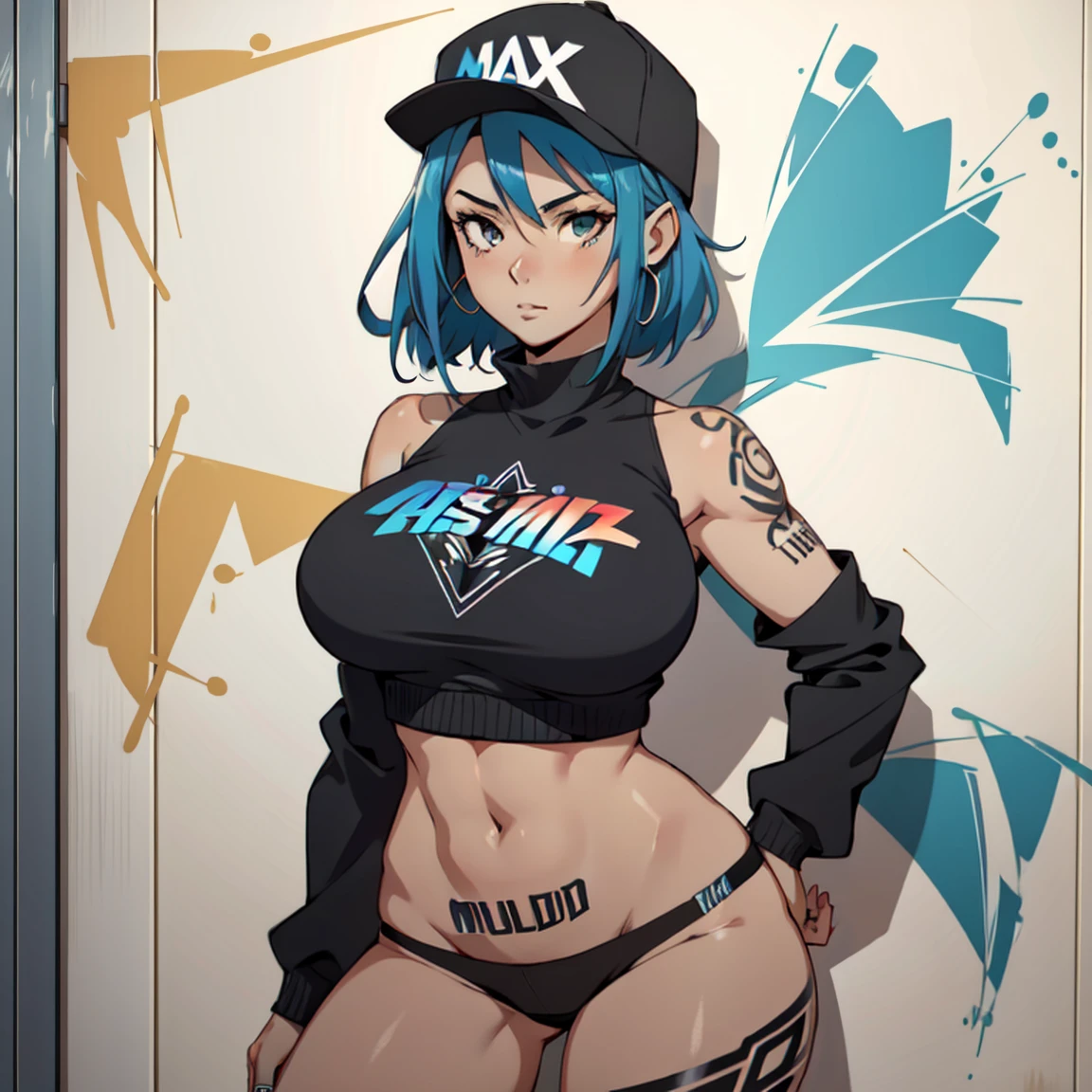estilo anime, mujer grafitera, grafiti en la pared, desnuda contra la pared, gorra de lado, colores vivos, buena figura, buenas curvas, tatuajes maxima calidad, ultra detallado, 8K, cuerpo entero