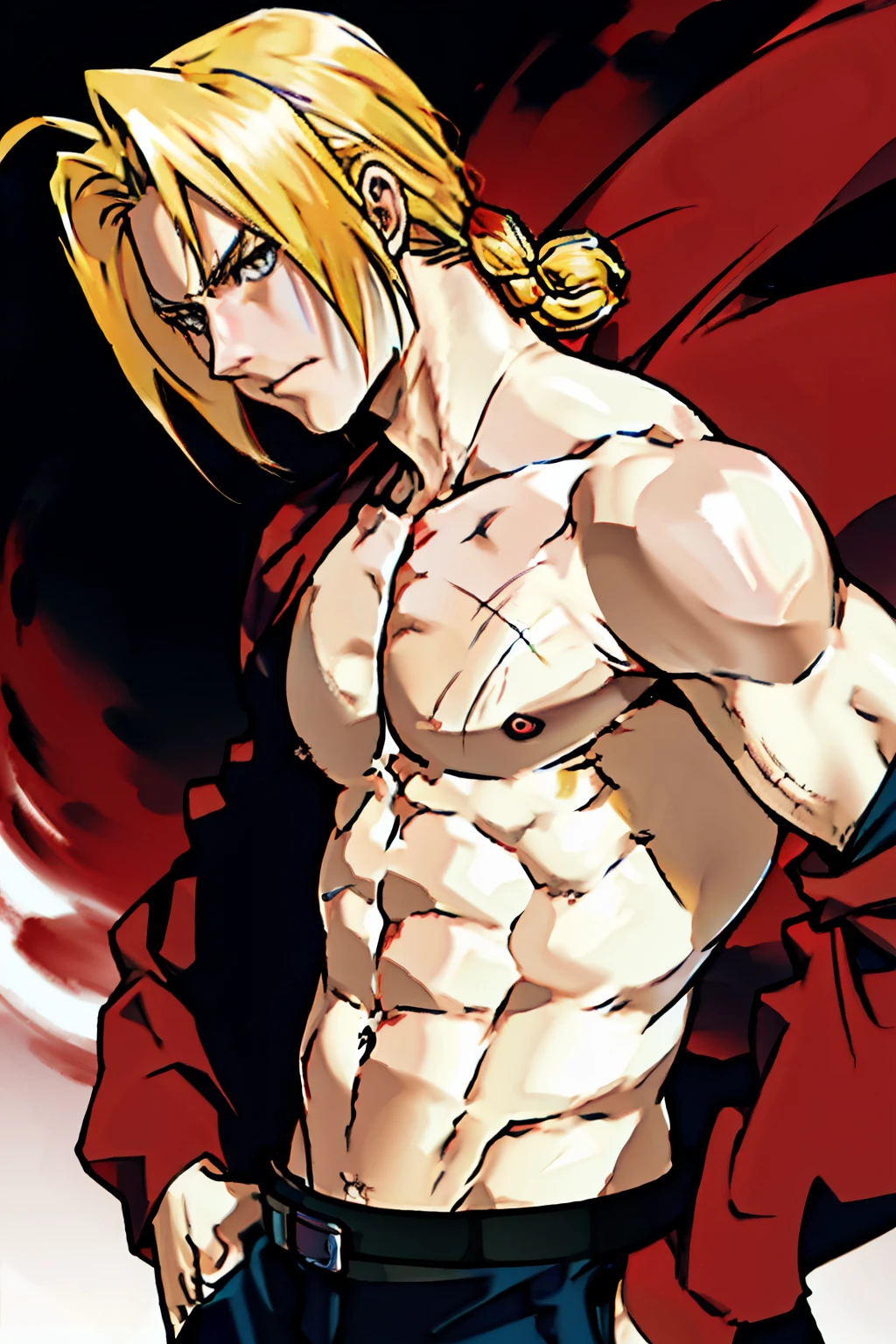 Edward Elric from Fullmetal Alchemist, serious, hands on hips, defined body, shirtless, abs, looking to the side