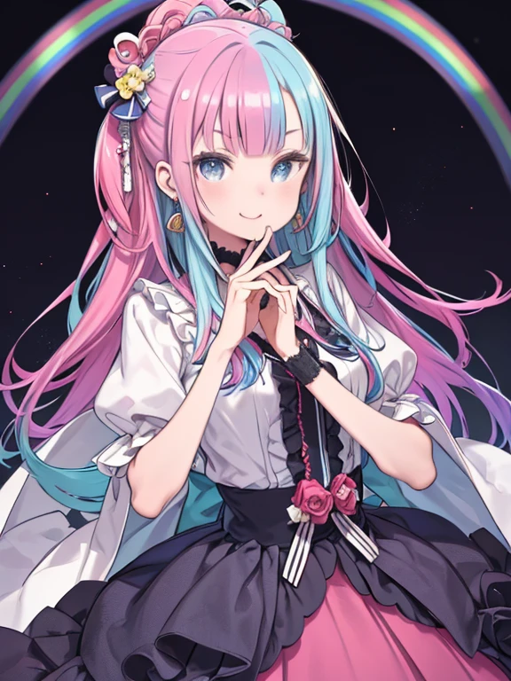 (masterpiece), (((highest quality)), (Very detailed), 1 girl, (Rainbow Hair, Colorful Hair, Half Blue、Half pink hair: 1.2), 17 years old, (yukina: 1.2), Outdoor, bangs, smile, sky blue eyes, Perfect hands, Perfect hands, Hand Detail, Modified fingers. Earrings, Night Store + background, Looking_in_Audience, Cowboy Shot, highest quality, Rich details, Perfect image quality,