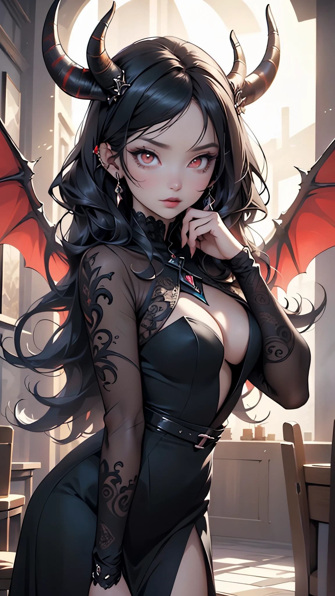 ((demon girl)),rpg,((big claws)),((devil with big horns)), ((wings)),(demon armor),((blood splashes)),skull on the ground,((blood ritual)),elegant regal succubus,((black lipstick, long black hair:1.5, red eyes)), seductive expression,((evil demeanor)),
((sultry gaze, luxurious black gown)), elaborate headpiece,((ethereal aura, intricate lace details)),
alluring charm, dark seduction, captivating beauty, hypnotic presence, divine sensuality, enchanting temptress, seductive power, mesmerizing allure, forbidden desires, bewitching enchantment, seductive aura, tempting spell, mythical creature, otherworldly beauty, seductive darkness, mesmerizing gaze, supernatural elegance, sensual mystique, intoxicating presence, irresistible grace, magnetic attraction,
indoor,((medieval tavern)),scenery:1.25,((medieval tavern background)),
(Glossy tribal ornaments),highres,sharp focus,(ultra detailed,extremely detailed),(photorealistic artwork:1.37),(extremely detailed CG unity 8k wallpaper),(((vibrant colors,vibrant theme))),(intricate),(masterpiece),(best quality),artistic photography,(photography taken by sldr),(intricate background),perfect rendered face,perfect face details,realistic face,photo realistic,((intricate detail)),(((realism))),